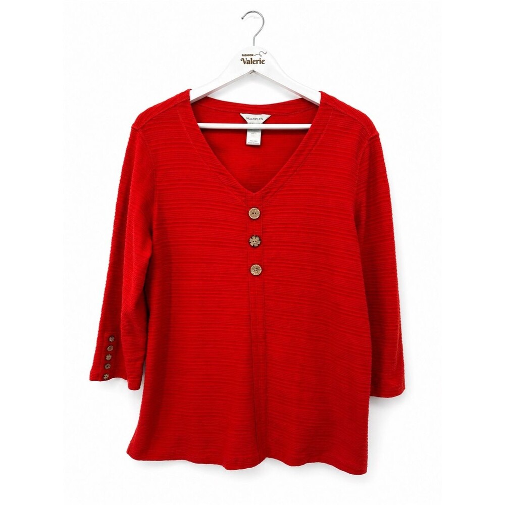 Multiples Red Orange Cotton Top 3/4 Sleeve Boho Button Ribbed Size Large
